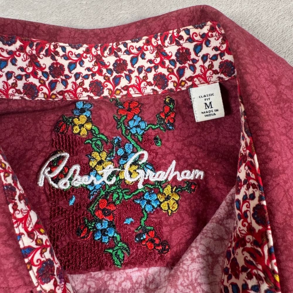 Robert Graham Button Down Shirt Mens Medium Burgundy Red Floral Flip Cuff Casual - Picture 5 of 7